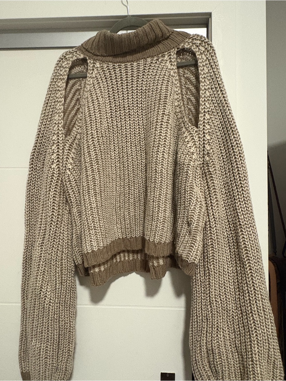 PrettyLittleThing Beige Taupe Cold-Shoulder Chunky Knit Turtleneck